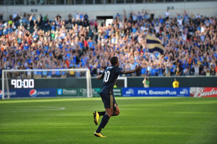 Danny Mwanga celebrates his game-tying goal