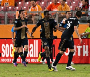 Mwanga, Le Toux and Moreno celebrate goal against Houston