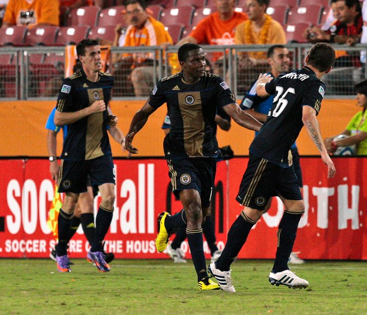 Mwanga, Le Toux and Moreno celebrate goal against Houston