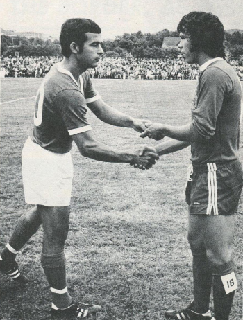 USA captain Barry Barto greets Canada captain Glen Johnson before 1974 World Cup qualifier in August, 1972