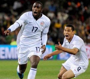 Altidore and Davies celebrate after going up 1-0 over Spain in the Confederations Cup