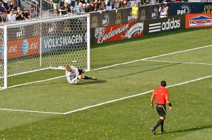 Chris Seitz stops a penalty kick vs. Seattle