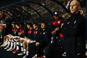 Bob Bradley watches his team against Colombia at PPL Park