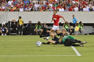 Toni Stahl saves a would-be goal against Manchester United. (Photo: Paul Rudderow)