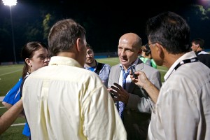 A happy Paul Riley speaks with the press about the runaway victory.