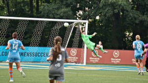 Kai blasts this shot over NJ's goalie Jenni Branam.