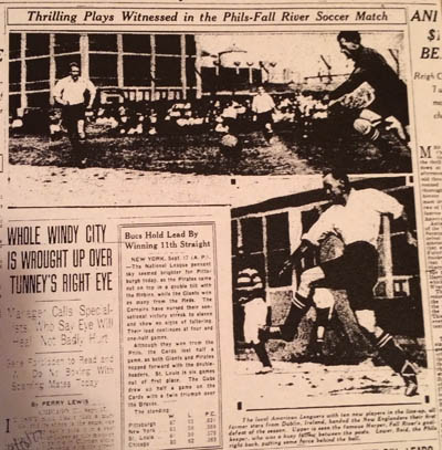 Front page of Inquirer sports section after win over Fall River, Sept. 18, 1927. Celtic right back Hugh Reid is pictured in the lower right.