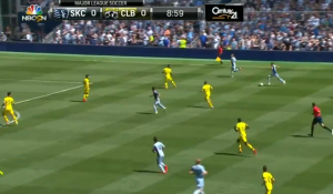 Zusi drives at his defender as Myers overlaps and Nagamura heads to the box.