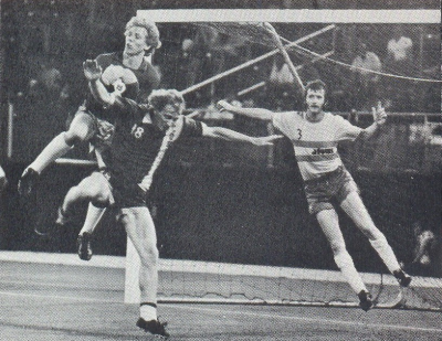 Bob Rigby of the Atoms soves under pressure from the Cosmos' Tibor Vigh while Atom's defender Bobby Smith covers. Courtesy of NASLjerseys.com.