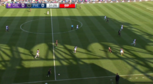 Rosenberry has an easy option in the center but chooses to look long instead.
